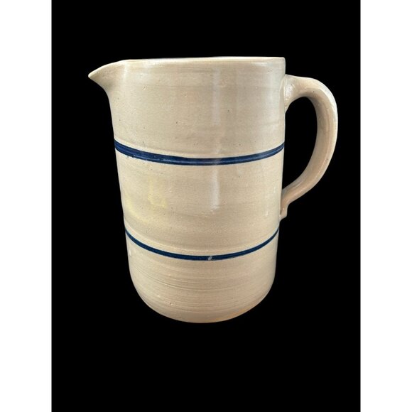 Vintage Salt Glaze Cobalt Blue Stripe Pottery Pitcher 7.75" Hand Thrown - Picture 4 of 14